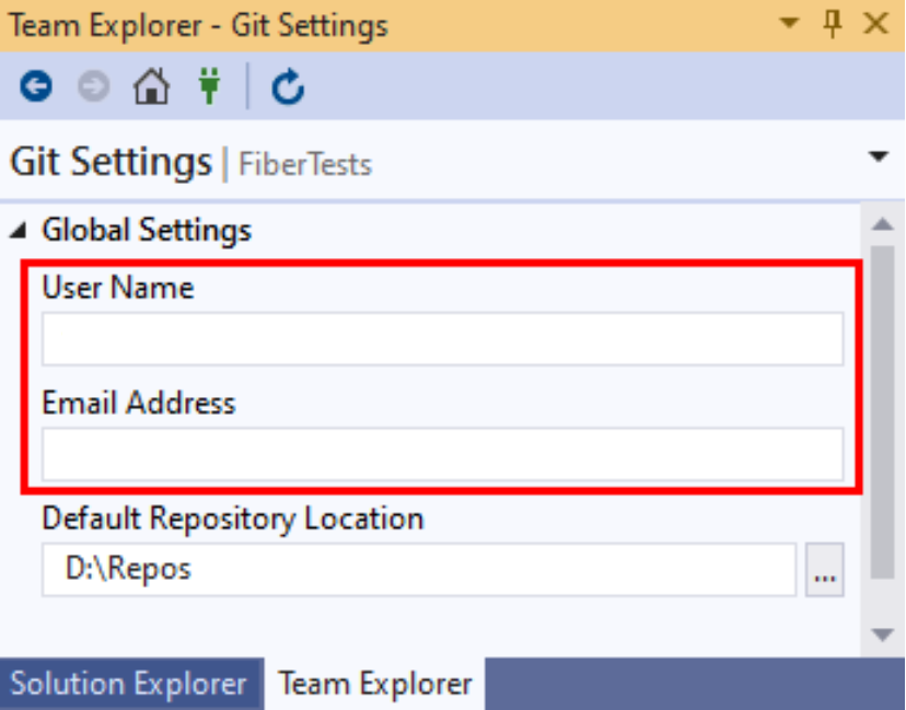 Captura de pantalla de los valores de nombre y correo electrónico en Configuración global de Git en Team Explorer en Visual Studio 2019.