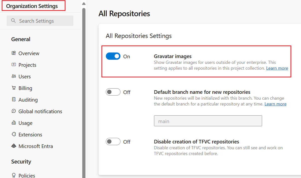 Captura de pantalla en la que se muestra la configuración de nivel de organización para Imágenes de Gravatar.