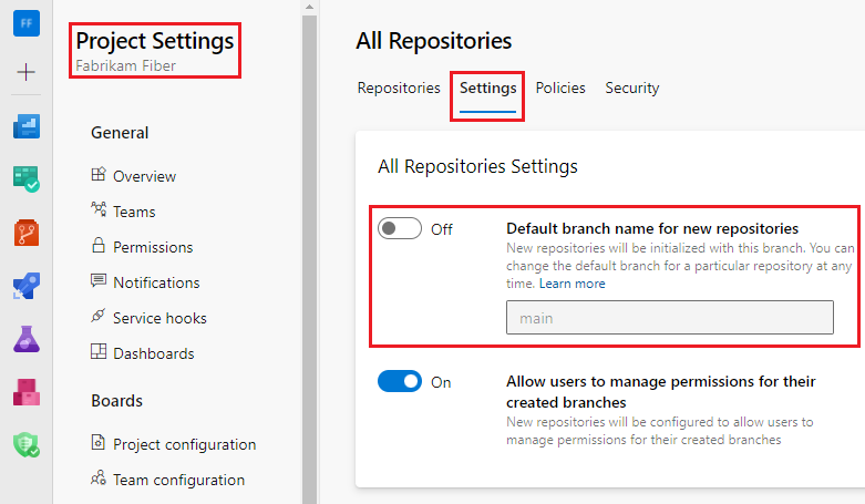 Captura de pantalla en la que se muestra la configuración de nivel de proyecto para el nombre de rama predeterminado de los nuevos repositorios.