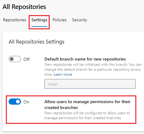 Captura de pantalla en la que se muestra la configuración Allow users to manage permissions for their created branches (Permitir que los usuarios administren los permisos de sus ramas creadas) de nivel de proyecto.