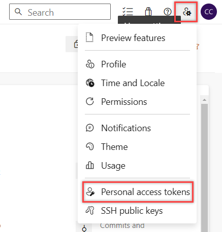 Captura de pantalla que muestra la selección de tokens de acceso personal.