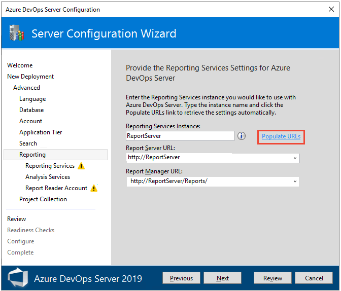 Captura de pantalla del Asistente para configuración del servidor, Reporting Services.