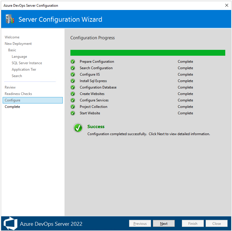 Captura de pantalla del Asistente para configurar servidor, página Configuración, progreso de configuración, 2022. 