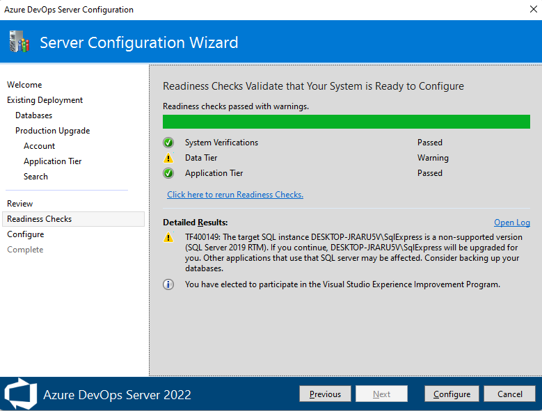 Captura de pantalla del Asistente para configurar el servidor, página Comprobaciones de preparación, Azure DevOps Server 2022. 