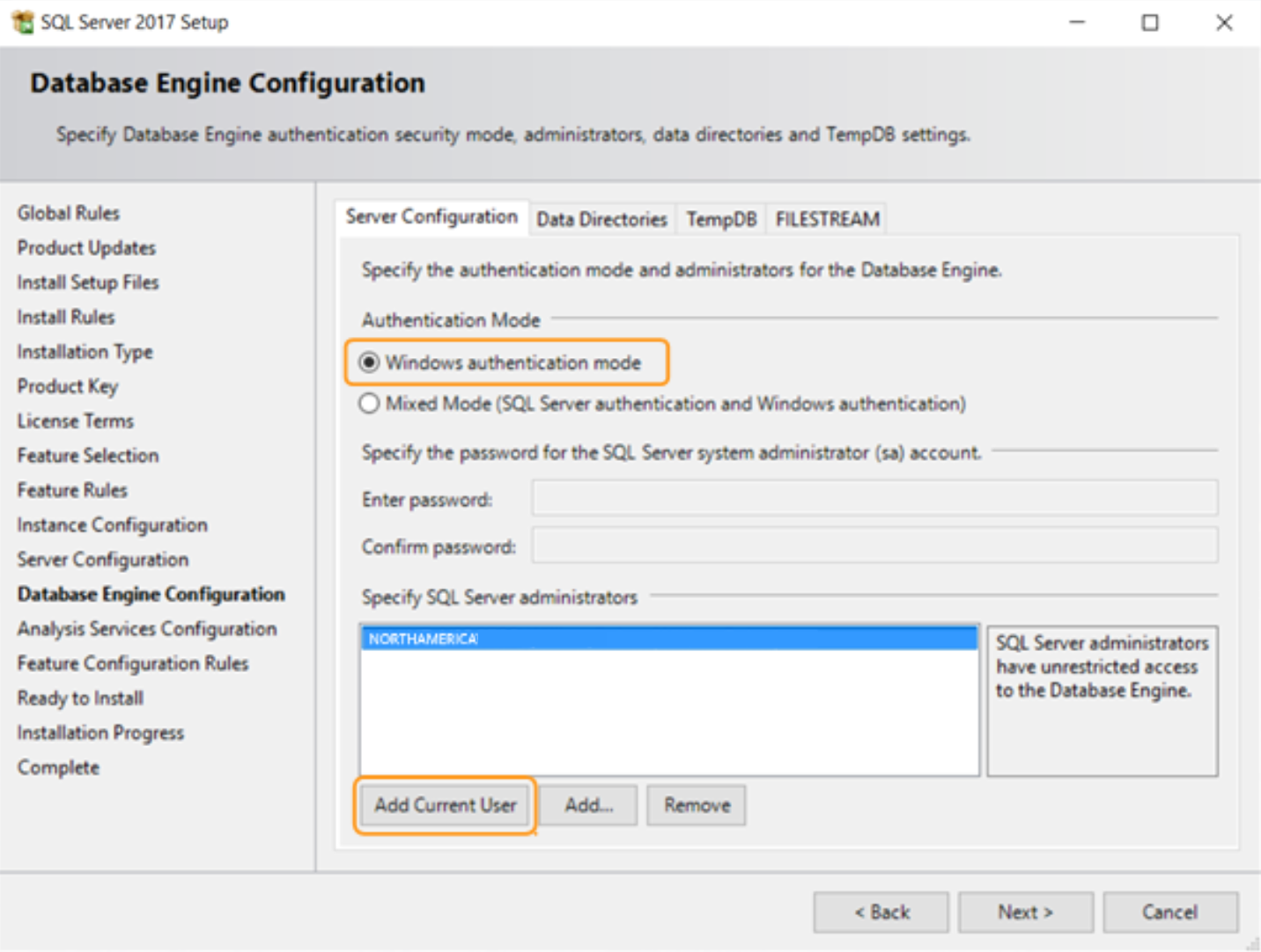 Configuración del motor de base de datos