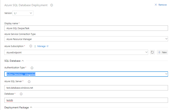 Captura de pantalla del cuadro de diálogo Implementación de Azure SQL Database con la opción desplegable Tipo de autenticación resaltada.