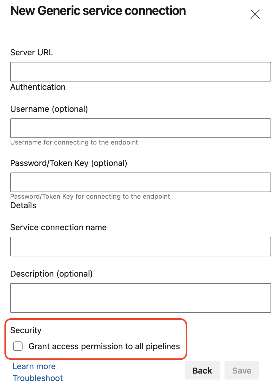 La concesión de permiso de acceso a todas las canalizaciones está desactivada de forma predeterminada.