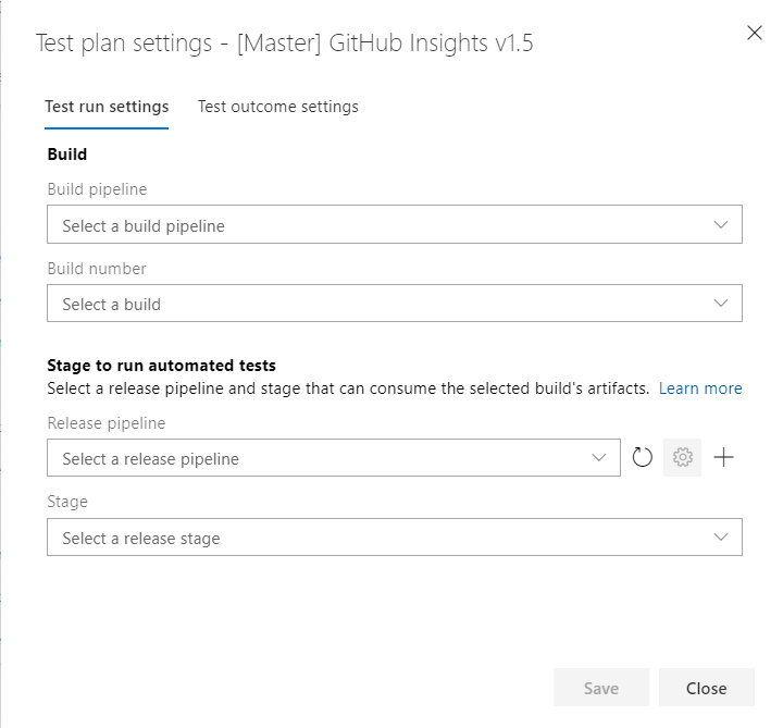 Cuadro de diálogo Configuración del plan de prueba, sin definir.