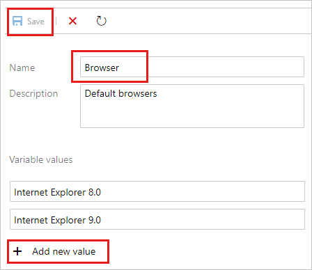 Captura de pantalla que muestra cómo agregar valores a una nueva variable de configuración.