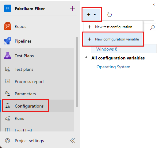 Captura de pantalla que muestra la opción Nueva variable de configuración en el menú Nuevo.