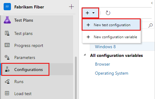 Captura de pantalla que muestra la opción Nueva configuración de prueba en el menú Nuevo.