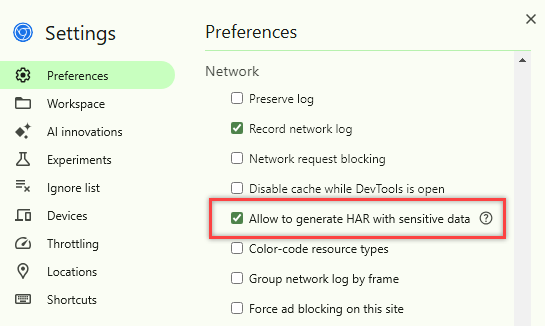 Captura de pantalla que muestra una marca de verificación junto a la preferencia de red de Google Chrome, Permitir generar HAR con datos confidenciales.