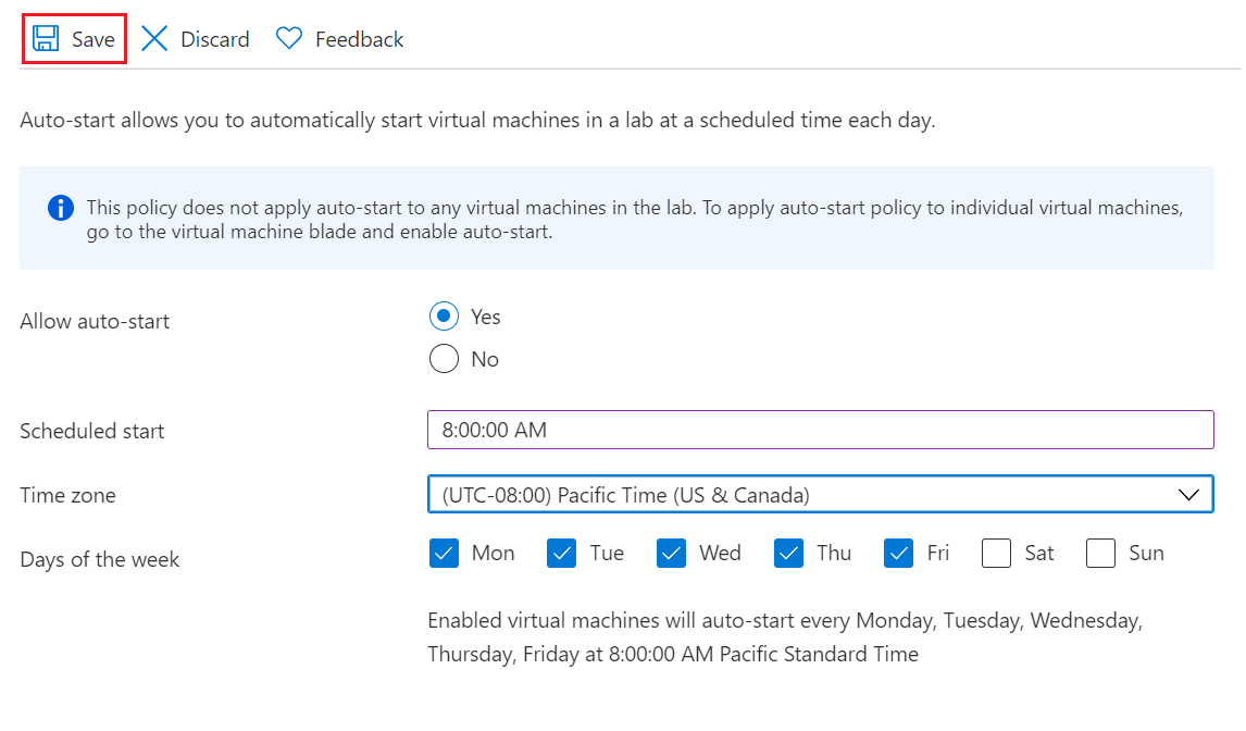 Captura de pantalla de la configuración de programación de inicio automático.