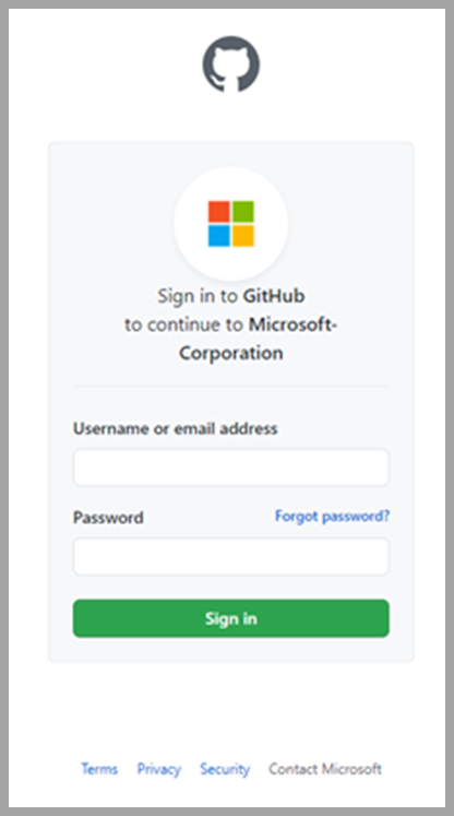 Recorte de pantalla del inicio de sesión de Microsoft en GitHub para continuar con Microsoft-Corporation.