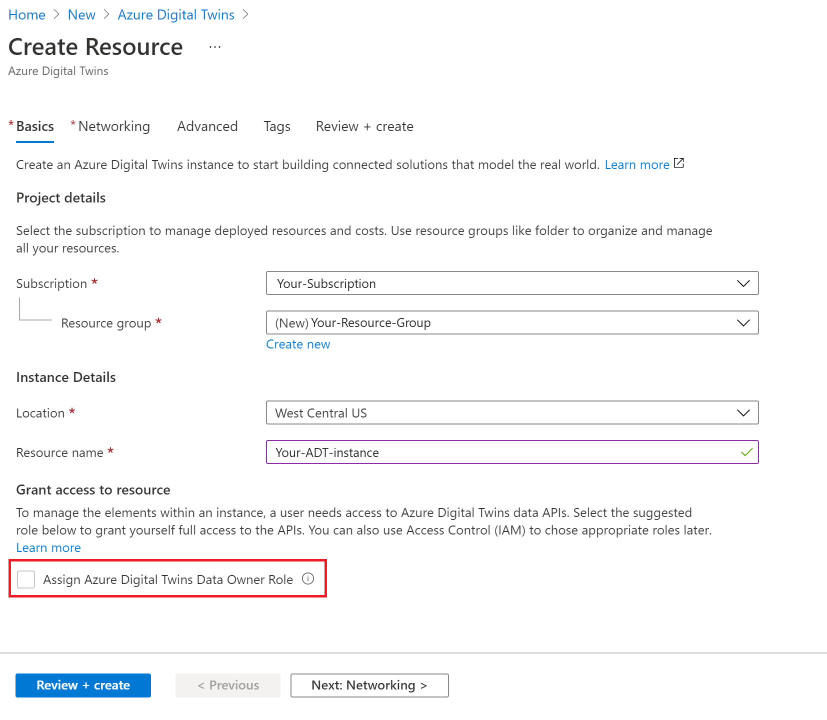 Captura de pantalla del proceso Crear recurso para Azure Digital Twins en Azure Portal. La casilla situada debajo de Conceder acceso al recurso está deshabilitada.