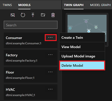 Captura de pantalla del panel Models (Modelos) de Azure Digital Twins Explorer. Los puntos del menú de un solo modelo están resaltados y la opción del menú para eliminar el modelo también está resaltada.