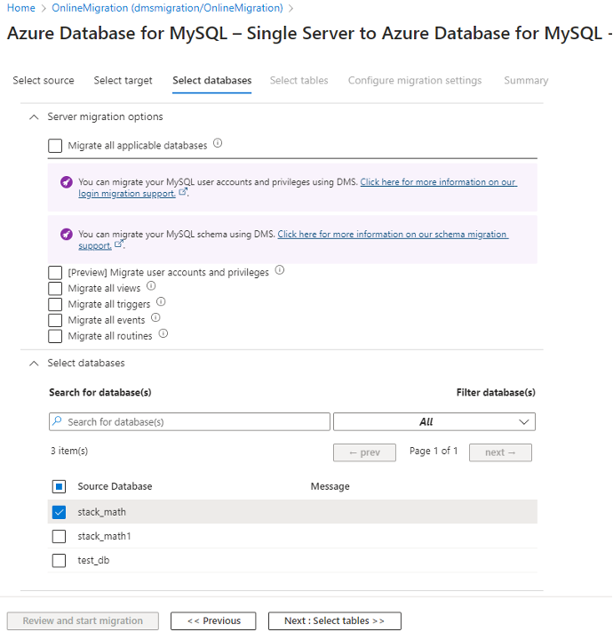 Captura de pantalla que muestra cómo seleccionar una base de datos.