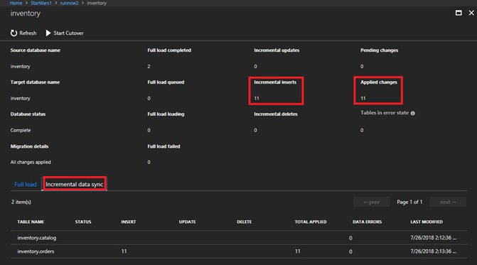 Captura de pantalla de inventario: sincronización de datos incrementales.