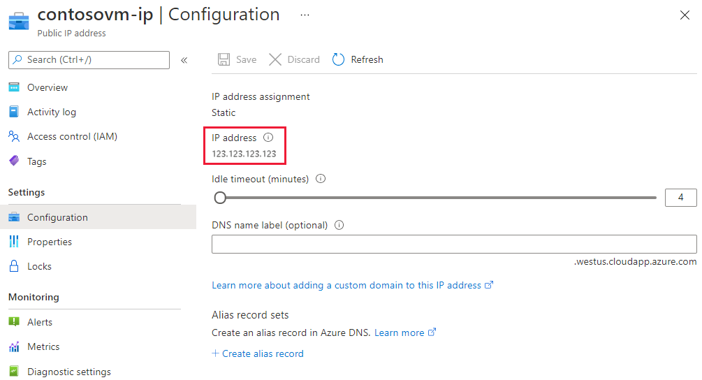 Captura de pantalla de la página de configuración de IP pública.