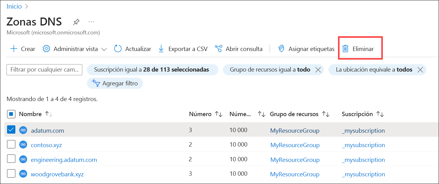 Captura de pantalla de cómo eliminar una zona DNS.