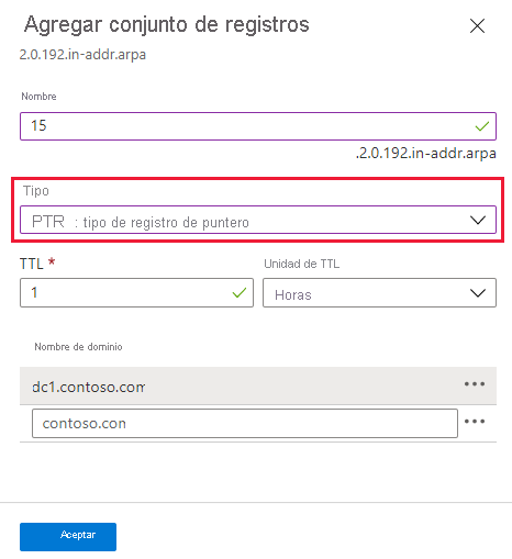 Captura de pantalla de creación de un registro de puntero de IPv4.