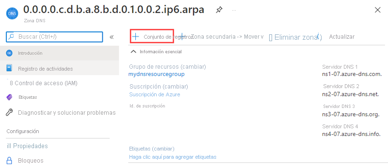 Captura de pantalla de cómo agregar un registro DNS inverso IPv6 a una zona DNS.