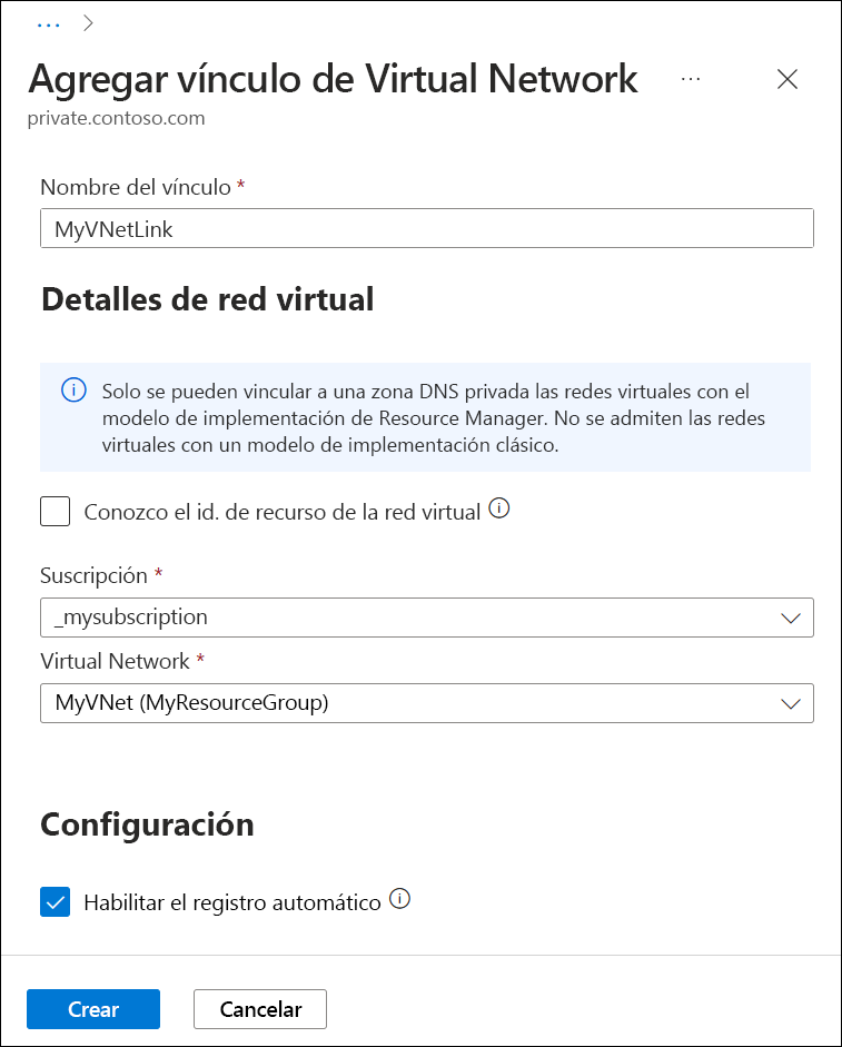 Captura de pantalla de la adición de un vínculo de red virtual.