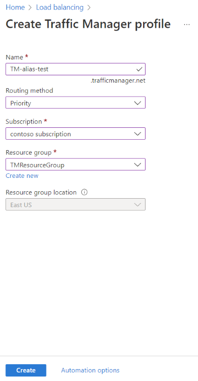 Captura de pantalla de la página de perfil de Crear perfil de Traffic Manager que muestra las opciones de configuración seleccionadas.