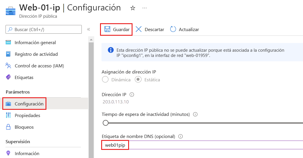 Captura de pantalla de la página de configuración de la dirección IP pública de Azure que muestra la etiqueta de nombre de D N S.