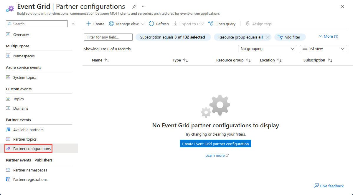 Captura de pantalla en la que se muestra Configuraciones de asociados de Event Grid con la lista de las configuraciones de los asociados y el vínculo para crear un registro de asociado.