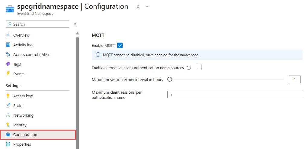 Captura de pantalla que muestra la configuración de MQTT de Event Grid.