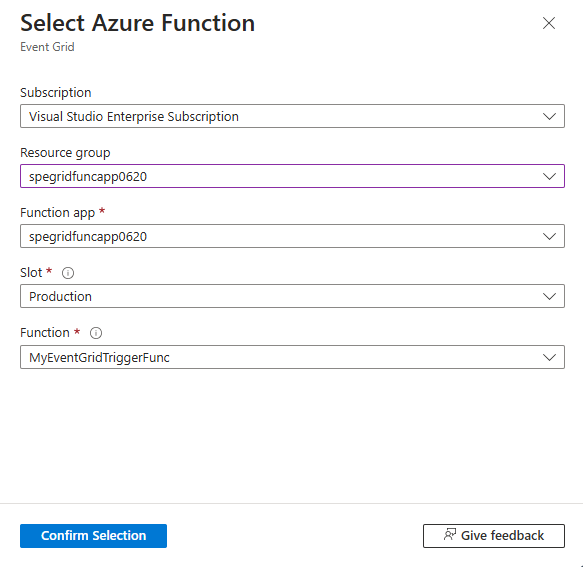 Recorte de pantalla que muestra el panel para seleccionar una función de Azure creada anteriormente.