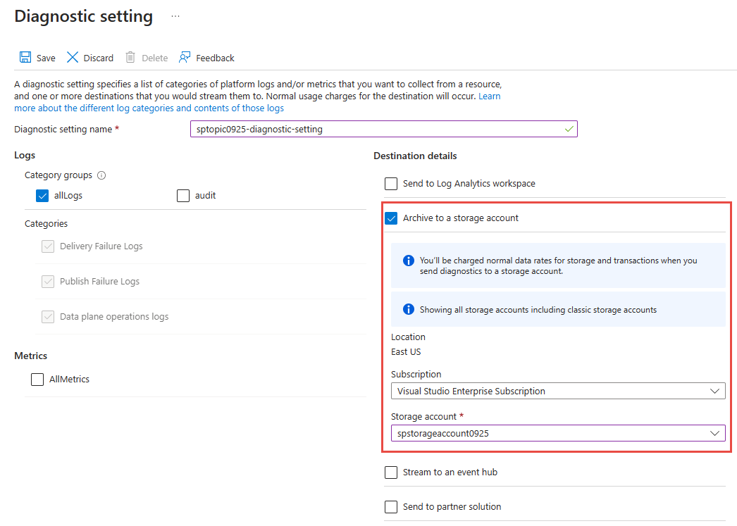 Screenshot that shows the Diagnostic settings page with Archive to an Azure storage account checked and a storage account selected.