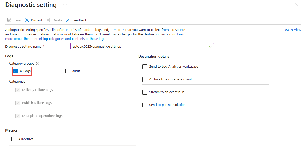 Screenshot that shows the Diagnostic setting page with All logs selected.