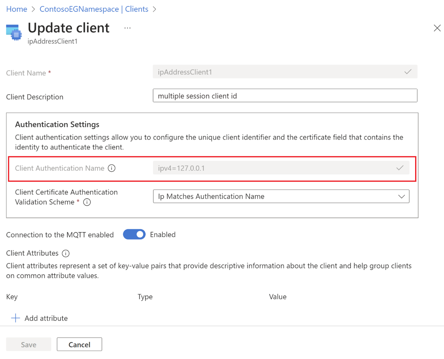 Captura de pantalla que muestra la configuración del cliente con la información del nombre de autenticación del cliente resaltada.