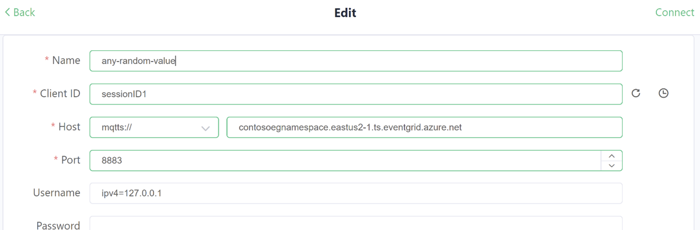 Captura de pantalla que muestra la configuración del cliente de la aplicación MQTTX con la primera sesión.