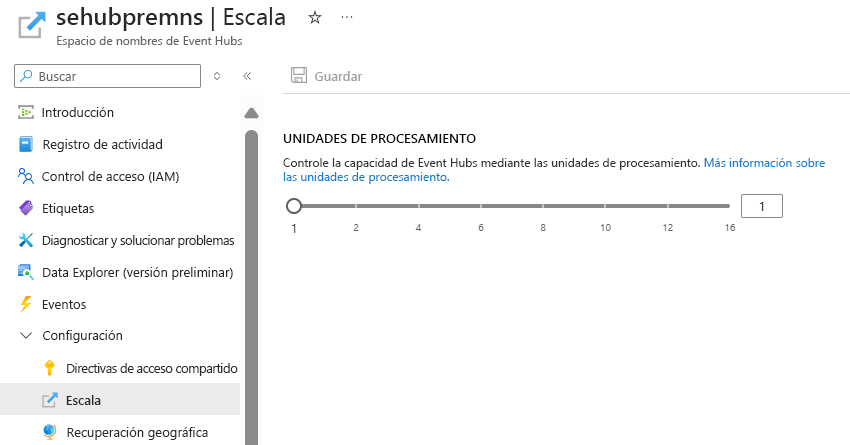 Recorte de pantalla de la página Escalar de un espacio de nombres premium existente con unidades de procesamiento configuradas.