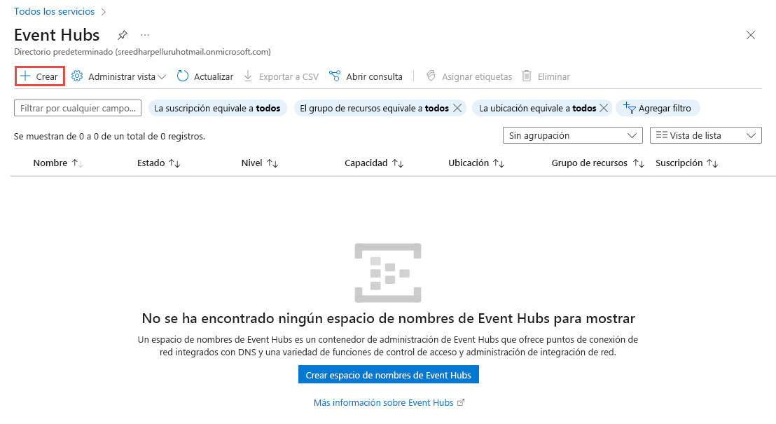 Screenshot showing the selection of Create button on the Event hubs page.