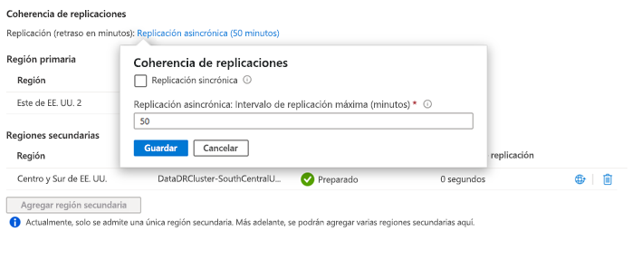 Captura de pantalla de la interfaz de usuario de coherencia de replicación en la interfaz de usuario de replicación geográfica.