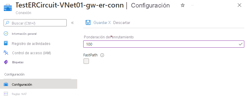 Captura de pantalla de la configuración del peso de la conexión a través de Azure Portal.