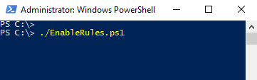 Captura de pantalla de la ejecución del script de habilitación de reglas en la ventana de PowerShell.