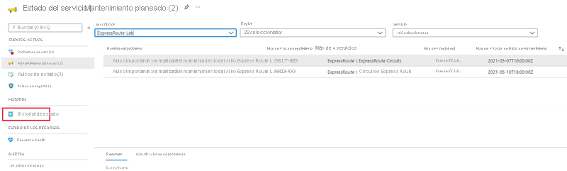 Captura de pantalla de la selección del historial de estado en Service Health.