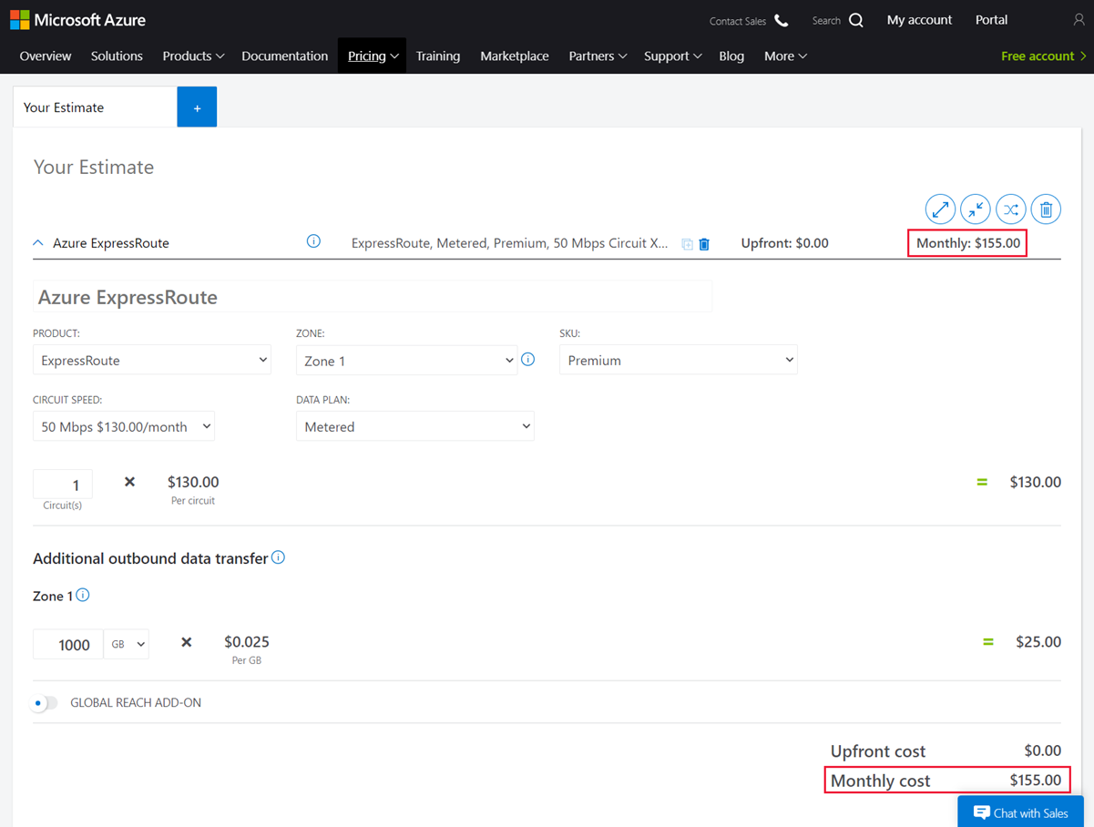 Estimación de costos de ExpressRoute en la calculadora de Azure