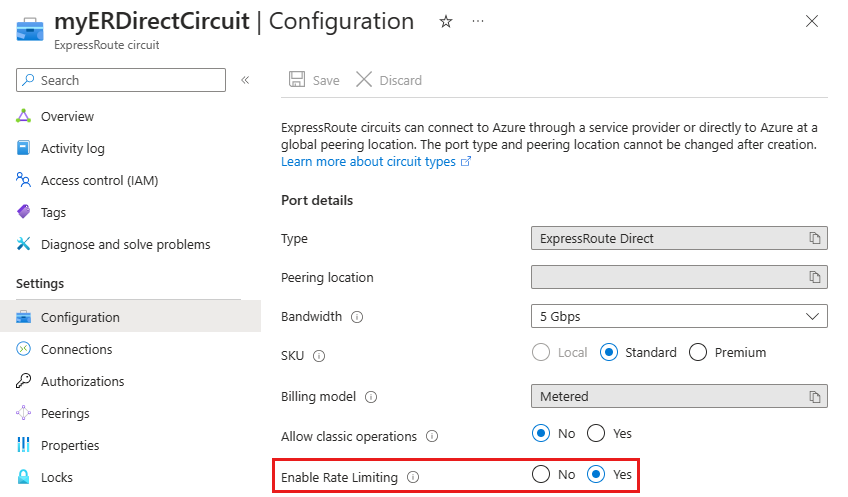 Captura de pantalla de la página de configuración de un circuito ExpressRoute Direct que muestra la opción Habilitar limitación de velocidad establecida en Sí.