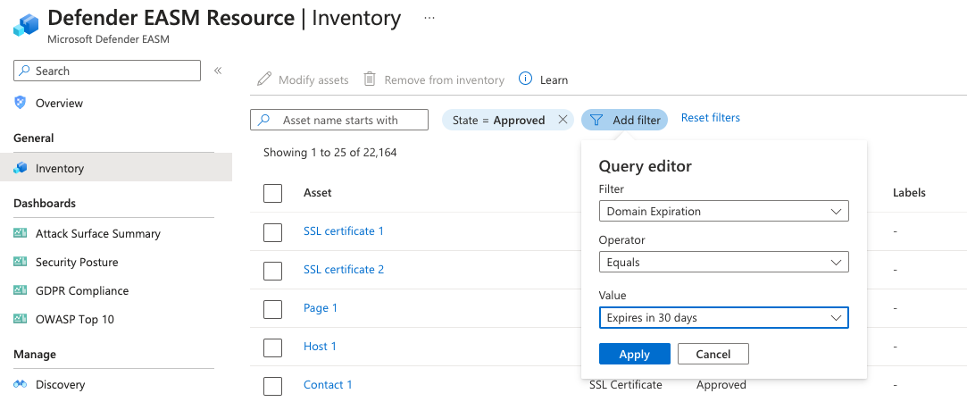 Recorte de pantalla que muestra la vista de lista de inventario con la lista desplegable Agregar filtro abierta para mostrar el editor de consultas.