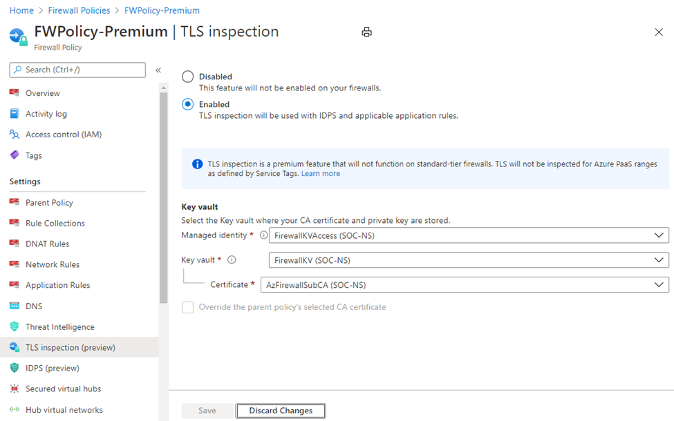 Recorte de pantalla que muestra la configuración de inspección de TLS de directiva de firewall