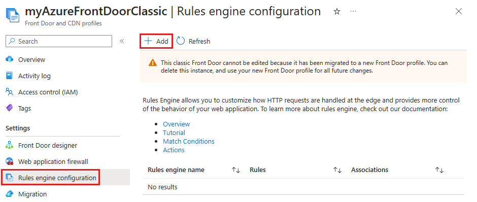 Recorte de pantalla de la configuración del motor de reglas de la página de información general de Azure Front Door.