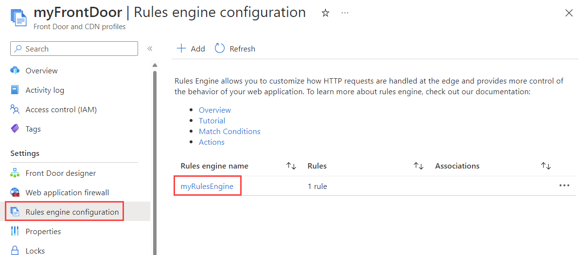 Captura de pantalla en la que se muestra la página de configuración del motor de reglas de Azure Front Door.