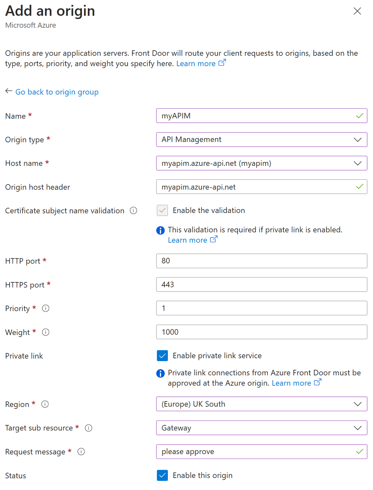 Captura de pantalla de la configuración de origen para configurar API Management como origen privado.