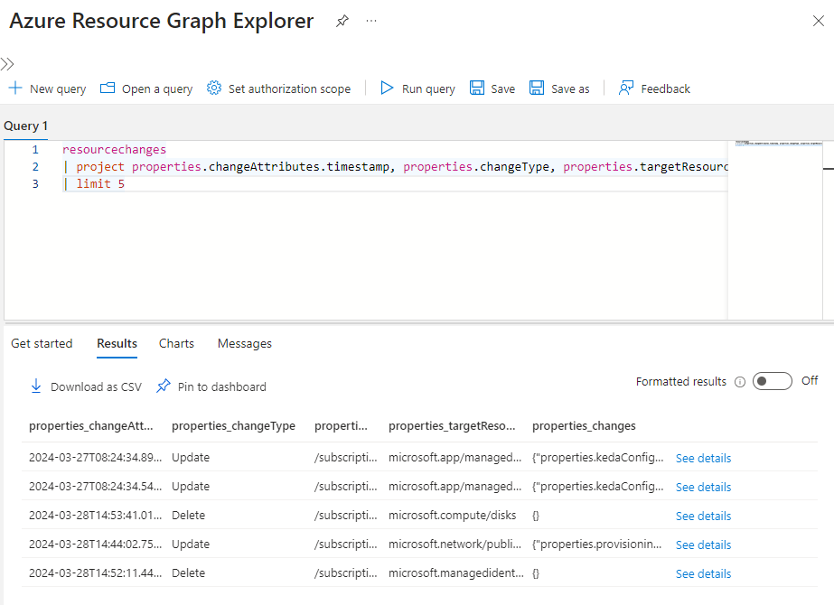 Captura de pantalla de cómo ejecutar la consulta en el Explorador de Resource Graph y, a continuación, ver los resultados.